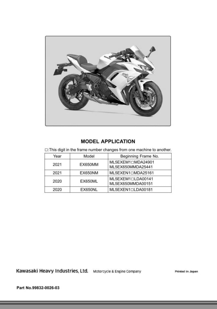 Kawasaki 2020-2021 Ninja650 service manual Vehicle parts disassembly diagram fault code query vehicle torque data and circuit diagram