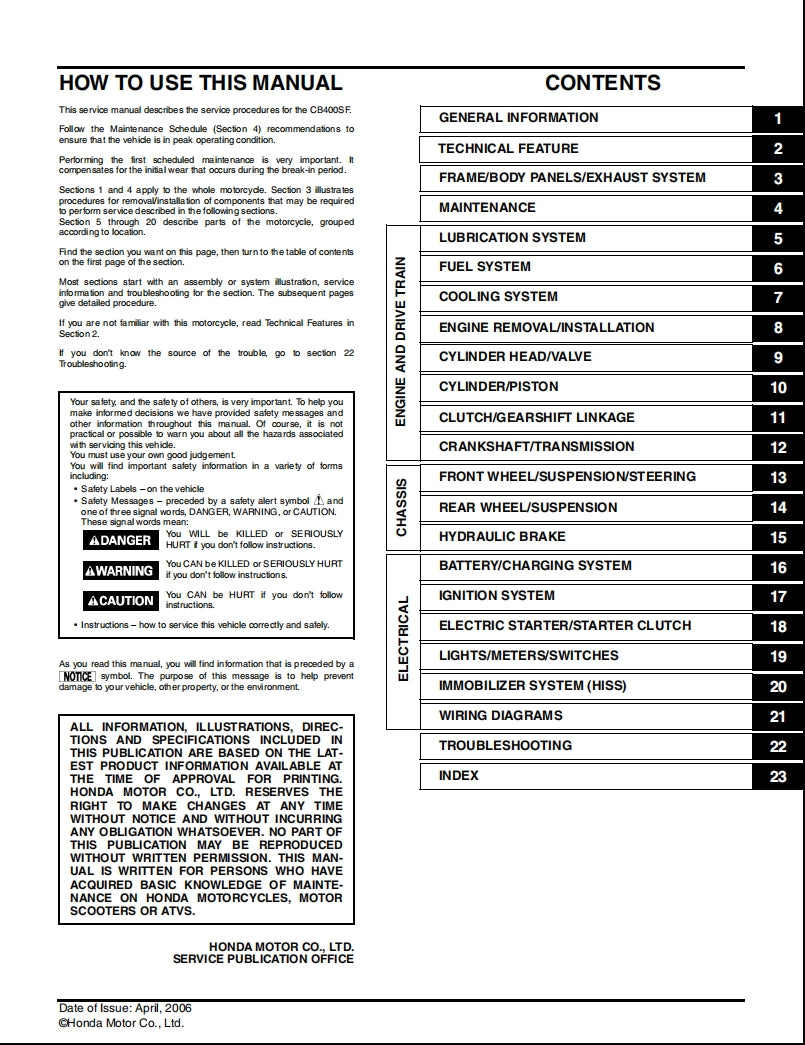 適用於2006 honda CB400SFIII_3 Serice Manual 维修資料 英文和简体中文全车线路图故障代码分析扭矩维修DIY工具