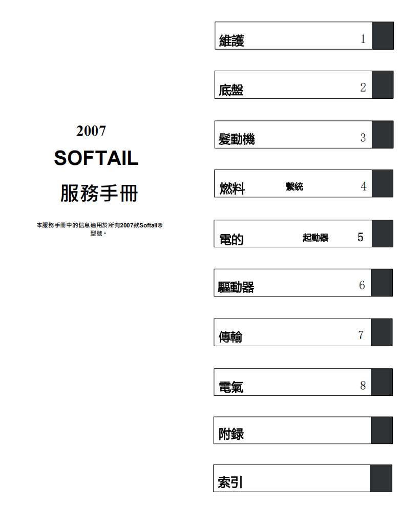 2007 Harley-Davidson Softail 哈雷軟尾維修手冊 PDF（英文＋繁體）｜全車拆解圖｜扭力規格｜原廠維修資料與 DIY 保養指南