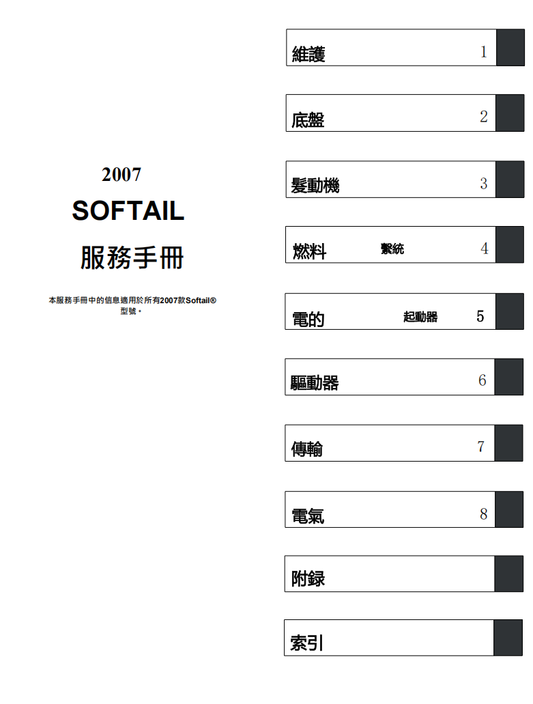 2007 Harley-Davidson Softail 哈雷軟尾維修手冊 PDF（英文＋繁體）｜全車拆解圖｜扭力規格｜原廠維修資料與 DIY 保養指南