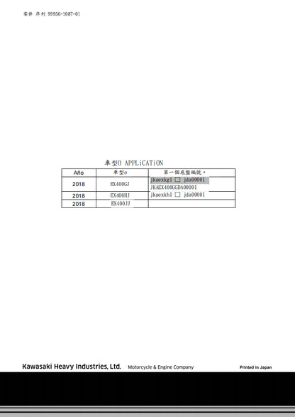 川崎2018年ninja400維修參考資料（含英文原文與繁體譯文，含扭矩、電路、故障碼）