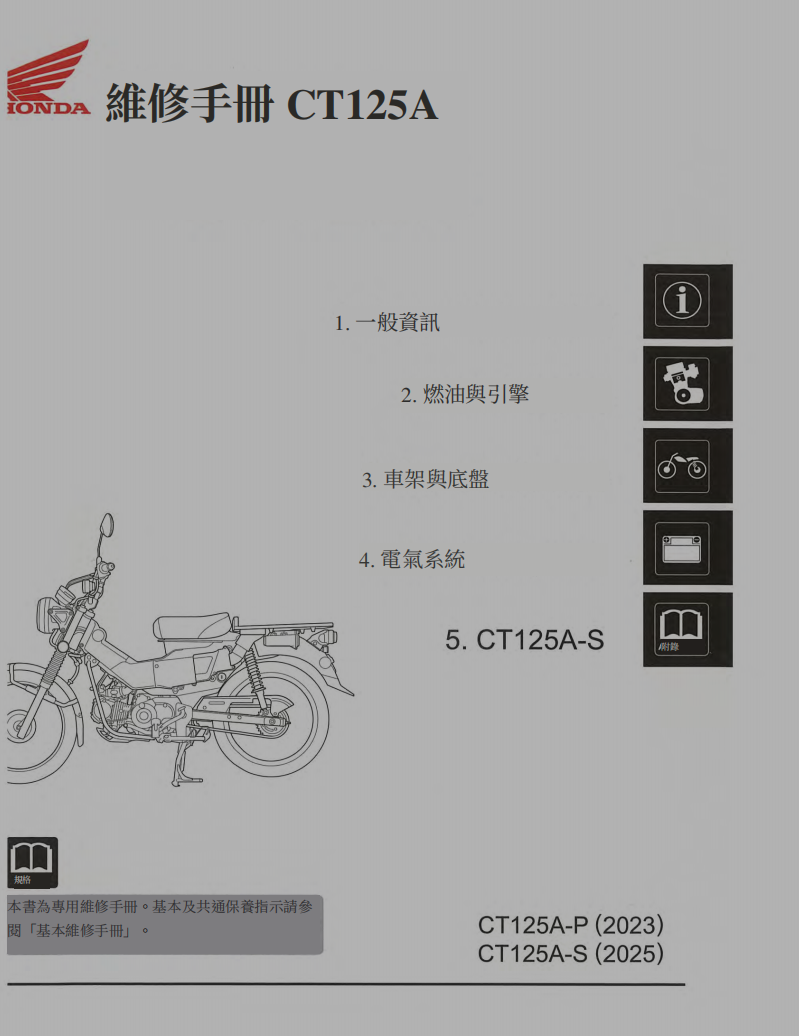 2023 本田CT125A維修手冊 PDF（英文＋繁體）｜全車拆解圖｜扭力規格｜原廠維修資料與 DIY 保養指南