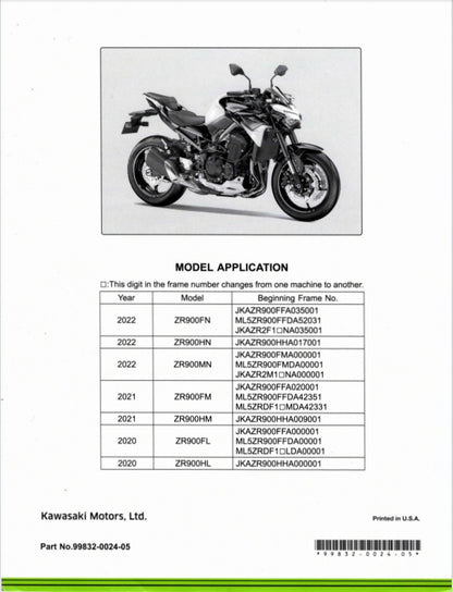 適用於Kawasaki 2020-2022 Z900 Service Manual 维修資料 英文和简体中文全车线路图故障代码分析扭矩维修DIY工具