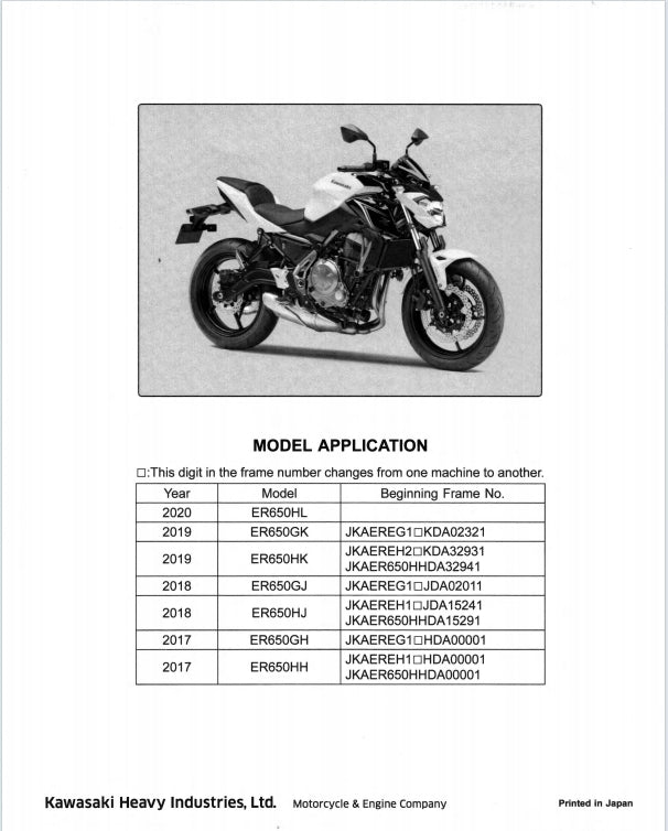 適用於Kawasaki 2017-2020 Z650 Service Manual 维修資料 英文和简体中文全车线路图故障代码分析扭矩维修DIY工具