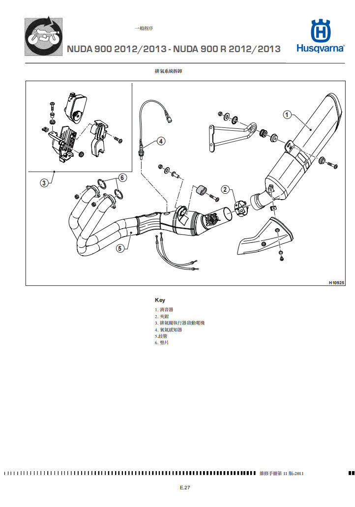2012-husvarna-nuda-900r維修手冊 PDF（英文＋繁體）｜全車拆解圖｜扭力規格｜原廠維修資料與 DIY 保養指南