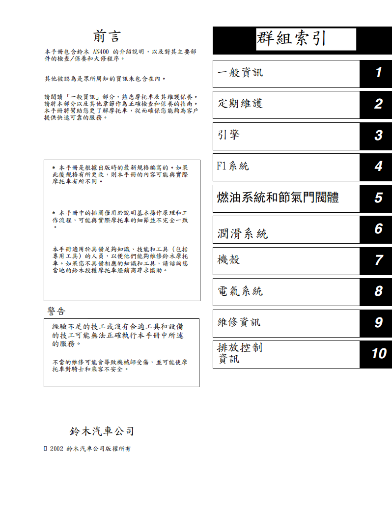 2003 鈴木AN400維修手冊 PDF（英文＋繁體）｜全車拆解圖｜扭力規格｜原廠維修資料與 DIY 保養指南