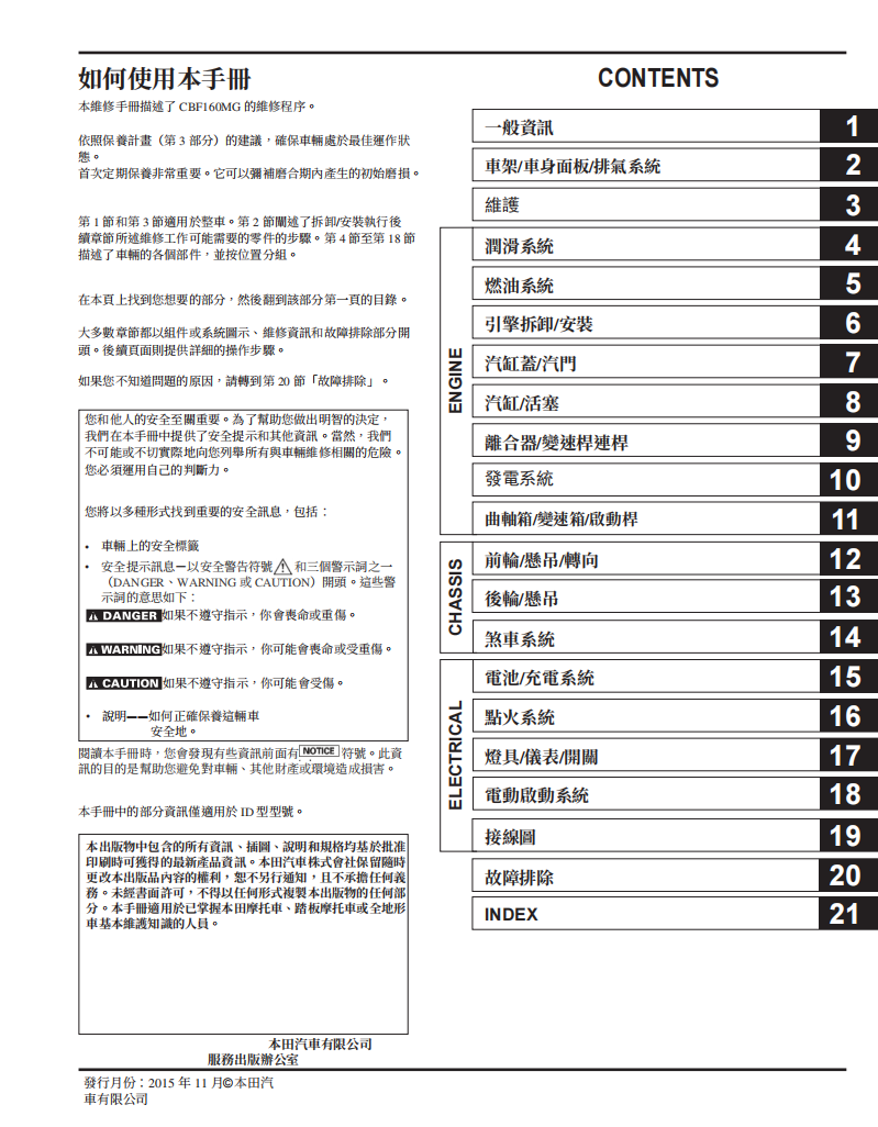 HONDA 2016 CB60R维修手册参考资料（含英文原文与繁体译文，含扭矩、电路、拆解圖）