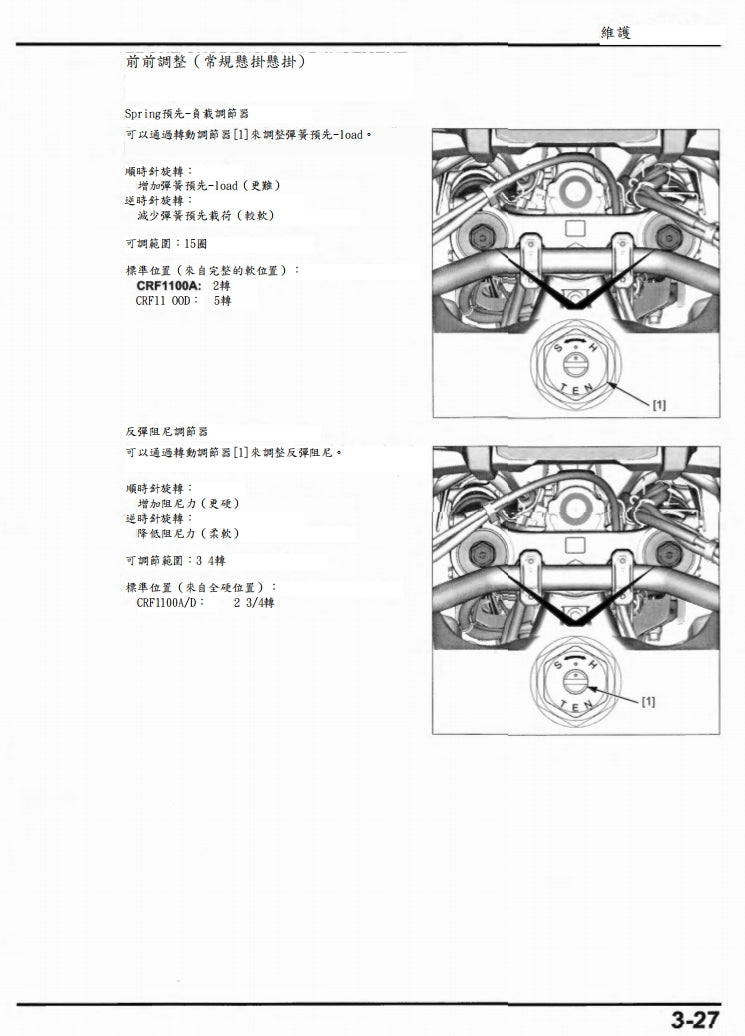適用於2020 Honda CRF1100維修參考資料（含英文原文與繁體譯文，含扭矩、電路、故障碼）