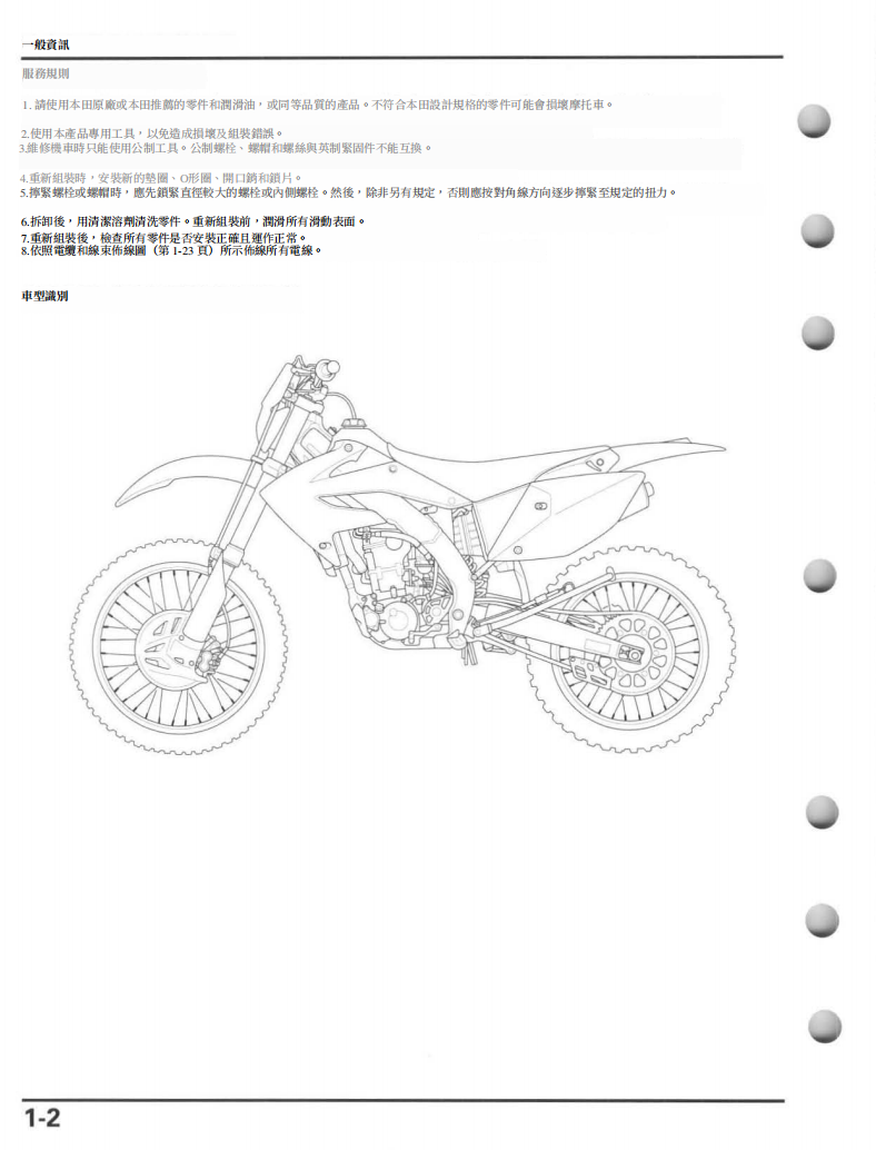 2004-2013 本田CFR250X維修手冊參考資料（含英语原版與繁體譯文，含扭矩、電路、故障碼）