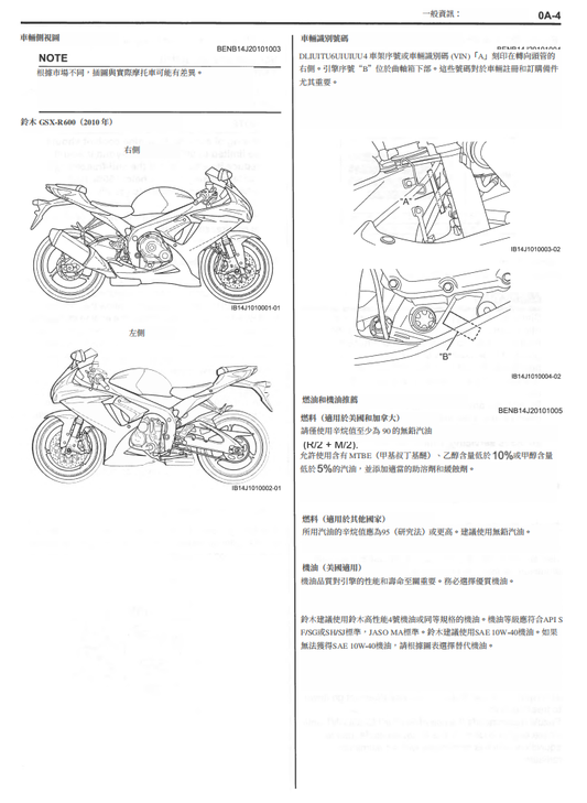 适用于 2010-2012 GSX-R600 铃木小 R 维修手册参考资料（含英文原文与繁体译文，含扭矩、电路、故障码）