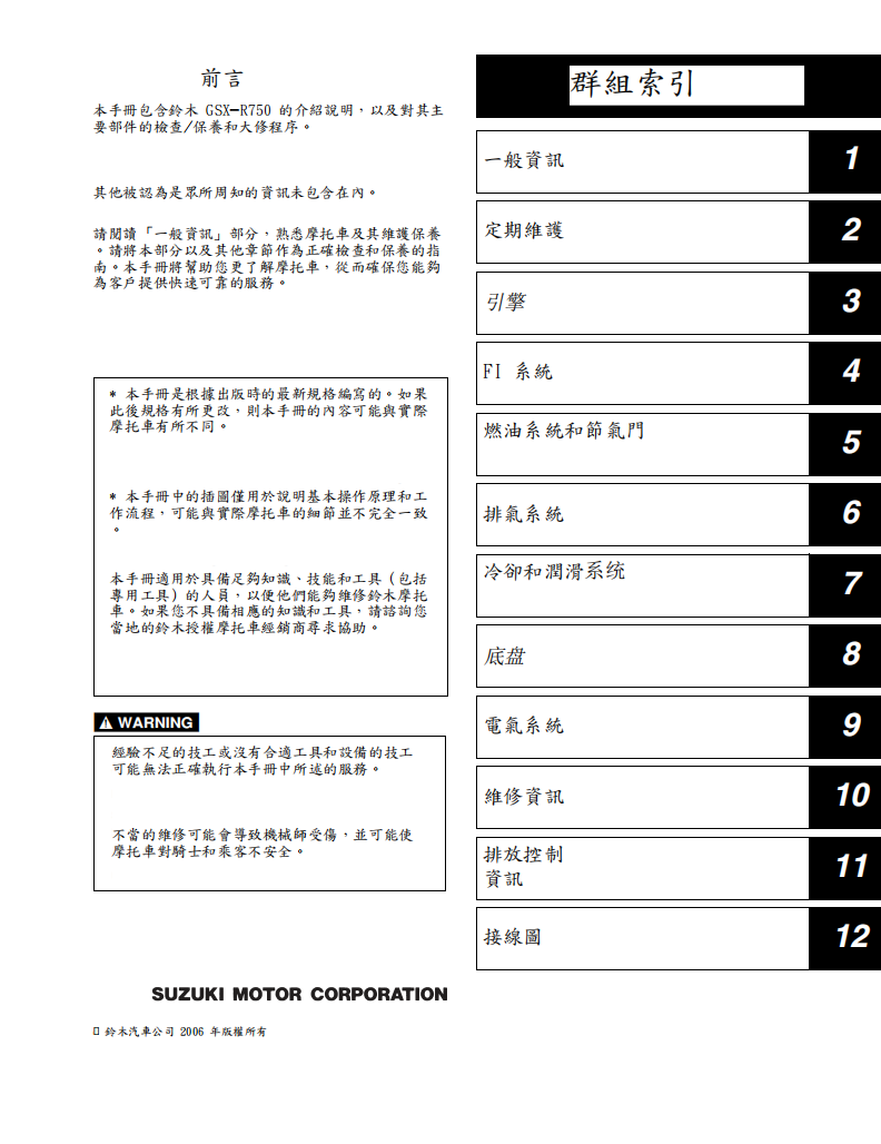 适用于 2006-2007 GSX-R750 铃木中 R 维修手册参考资料（含英文原文与繁体译文，含扭矩、电路、故障码）