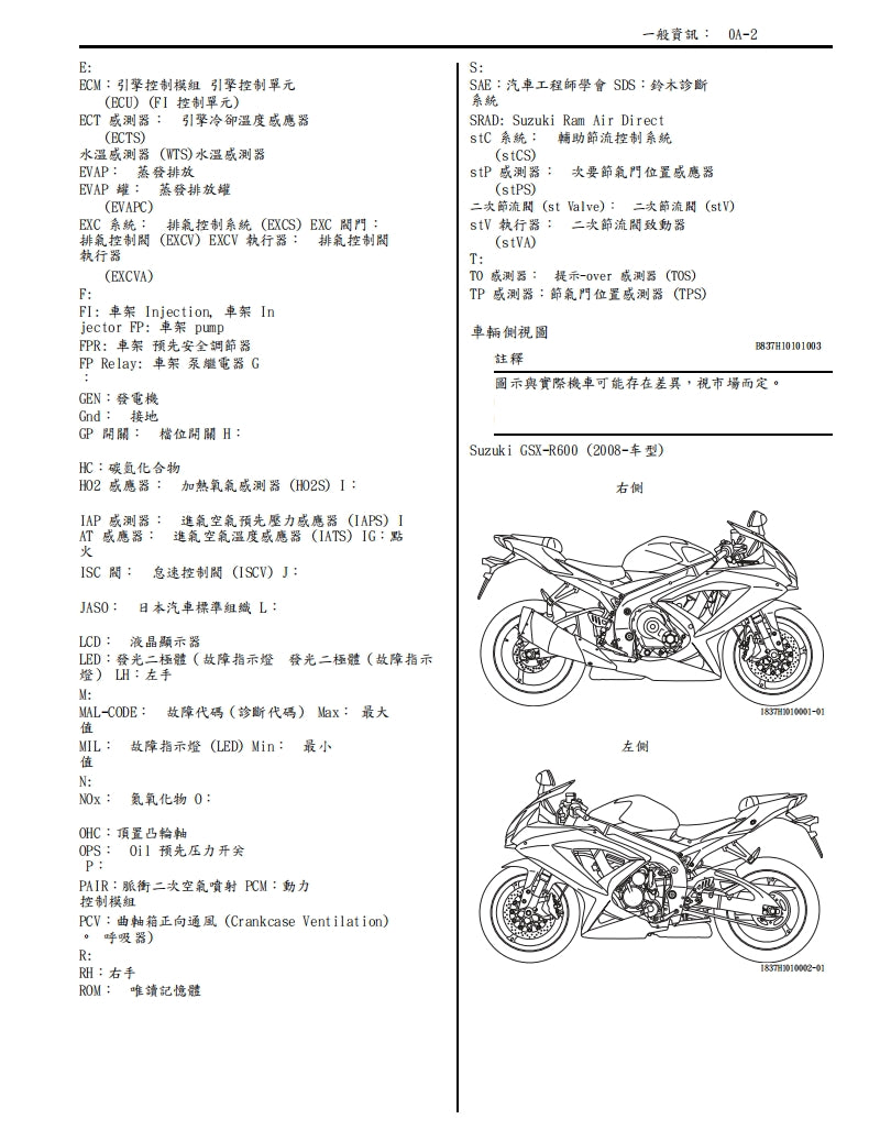 適用於2008-2009 GSX-R600鈴木小R維修參考資料（含英文原文與繁體譯文，含扭矩、電路、故障碼）