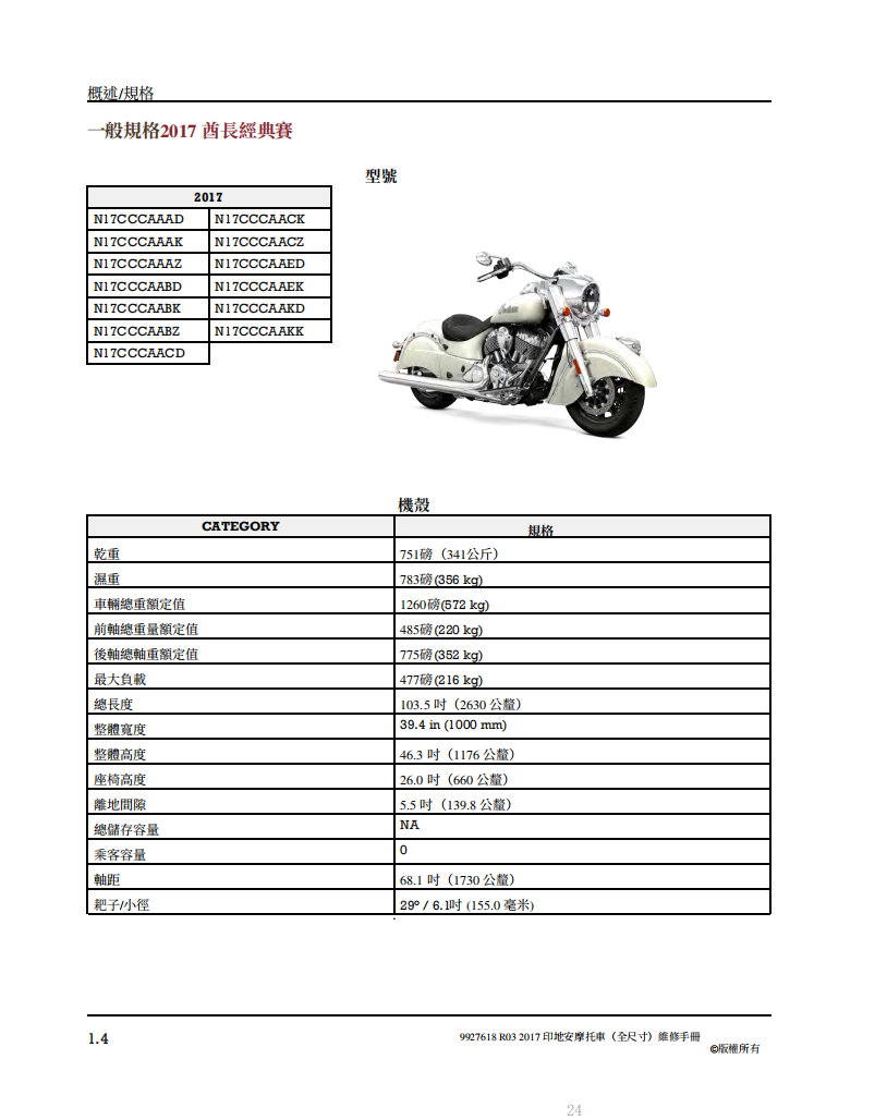 2017 Indian (Full-Size)酋長黑馬維修手冊參考資料（含英语原版與繁體譯文，含扭矩、電路、故障碼）