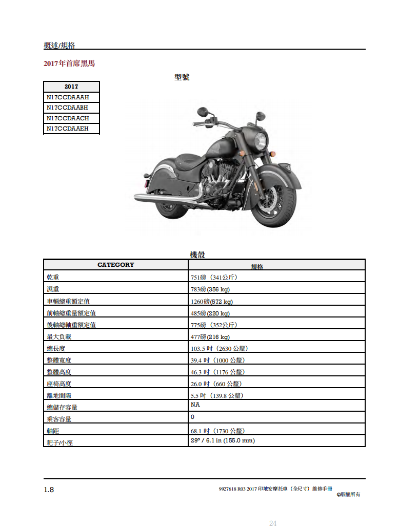 2017 Indian (Full-Size)酋長黑馬維修手冊參考資料（含英语原版與繁體譯文，含扭矩、電路、故障碼）