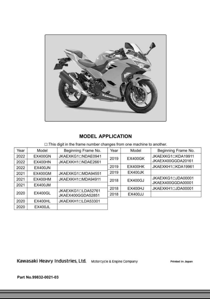 適用於2022 Kawasaki Ninja 400 Service Manual 维修資料 英文和简体中文全车线路图故障代码分析扭矩维修DIY工具