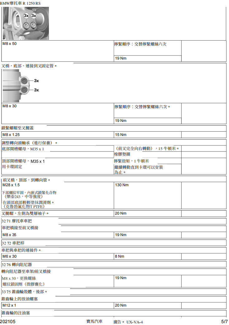 BMW R1250-RS-K54維修手冊參考資料（含英文原文與繁體譯文，含扭矩、走線、拆解））