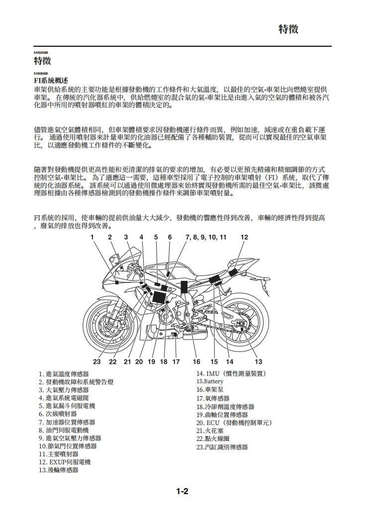 適用於2015-2019雅馬哈R1維修參考資料（含英文原文與繁體譯文，含扭矩、電路、故障碼）
