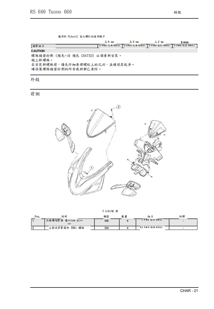 2021 Aprilia RS660維修參考資料（含英文原文與繁體譯文，含扭矩、電路、故障碼）