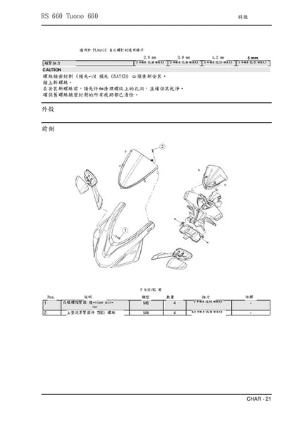2021 Aprilia RS660維修參考資料（含英文原文與繁體譯文，含扭矩、電路、故障碼）