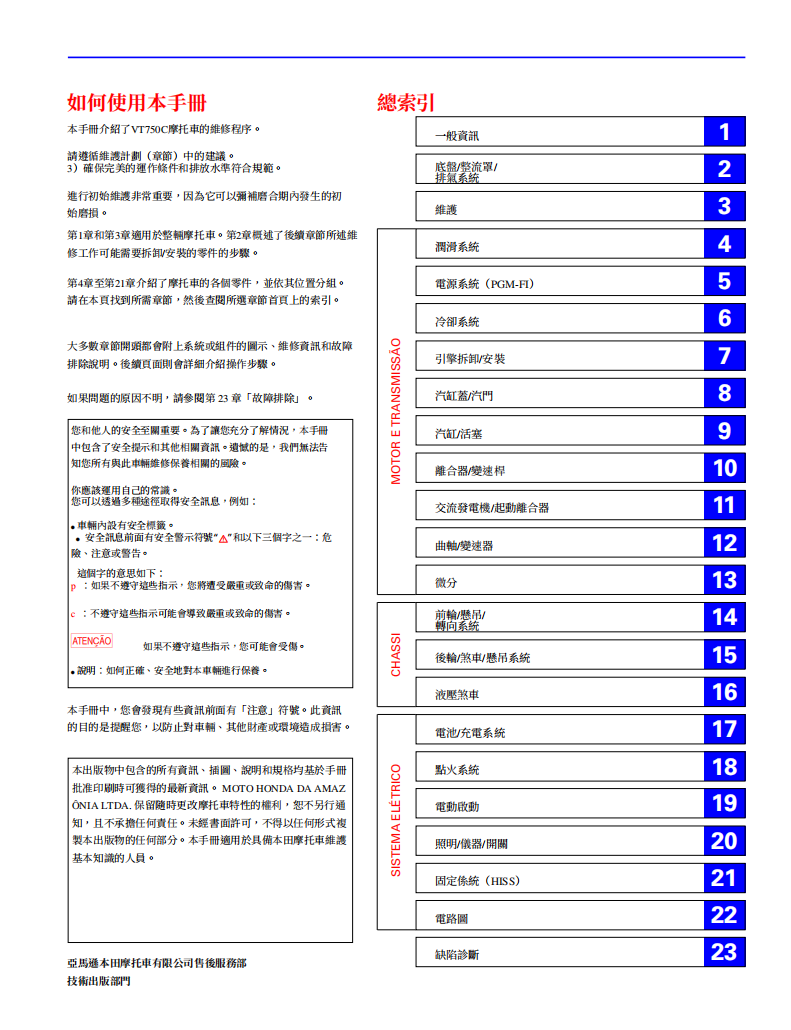2009本田SHADOW750維修手冊 PDF（葡萄牙語＋繁體）｜全車拆解圖｜扭力規格｜原廠維修資料與 DIY 保養指南