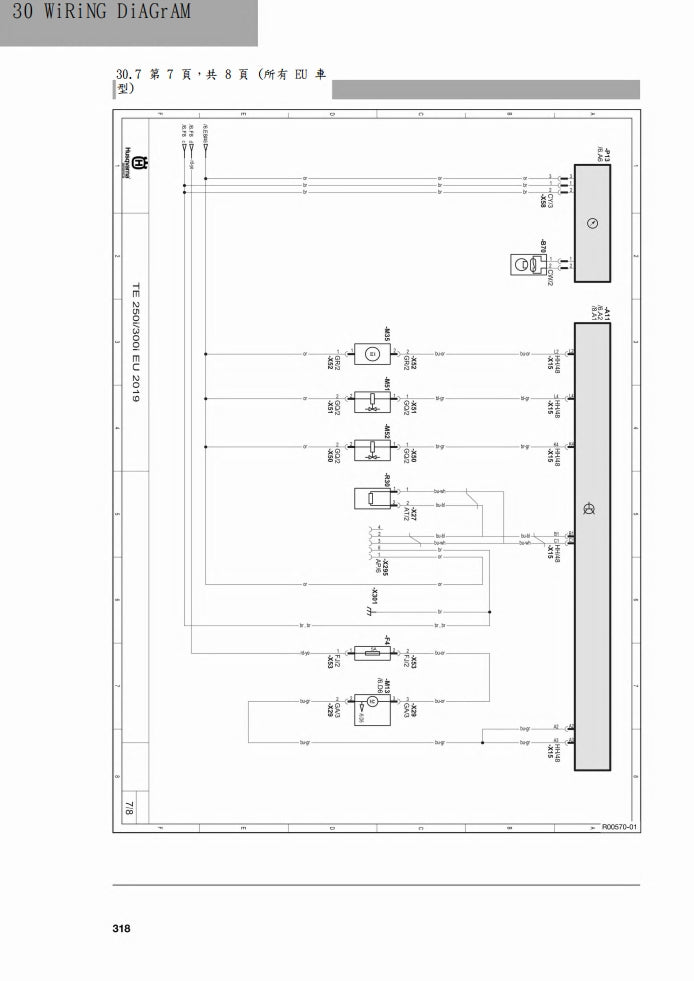 2019 Husqvarna TE250i TE300i維修參考資料（含英文原文與繁體譯文，含扭矩、電路、故障碼）