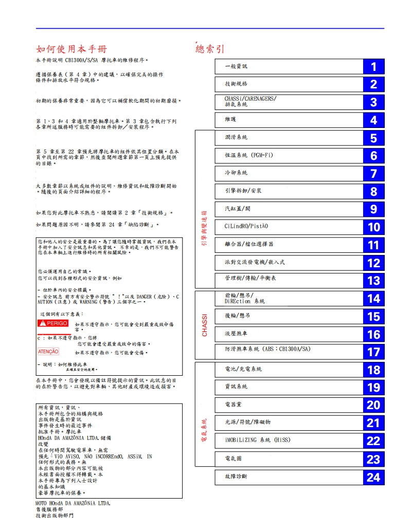 2008本田CB1300維修參考資料（含英文原文與繁體譯文，含扭矩、電路、故障碼）