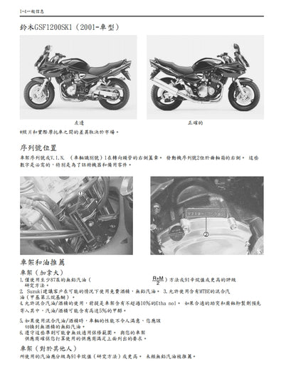 適用於2000鈴木GSF1200維修參考資料（含英文原文與繁體譯文，含扭矩、電路、故障碼）