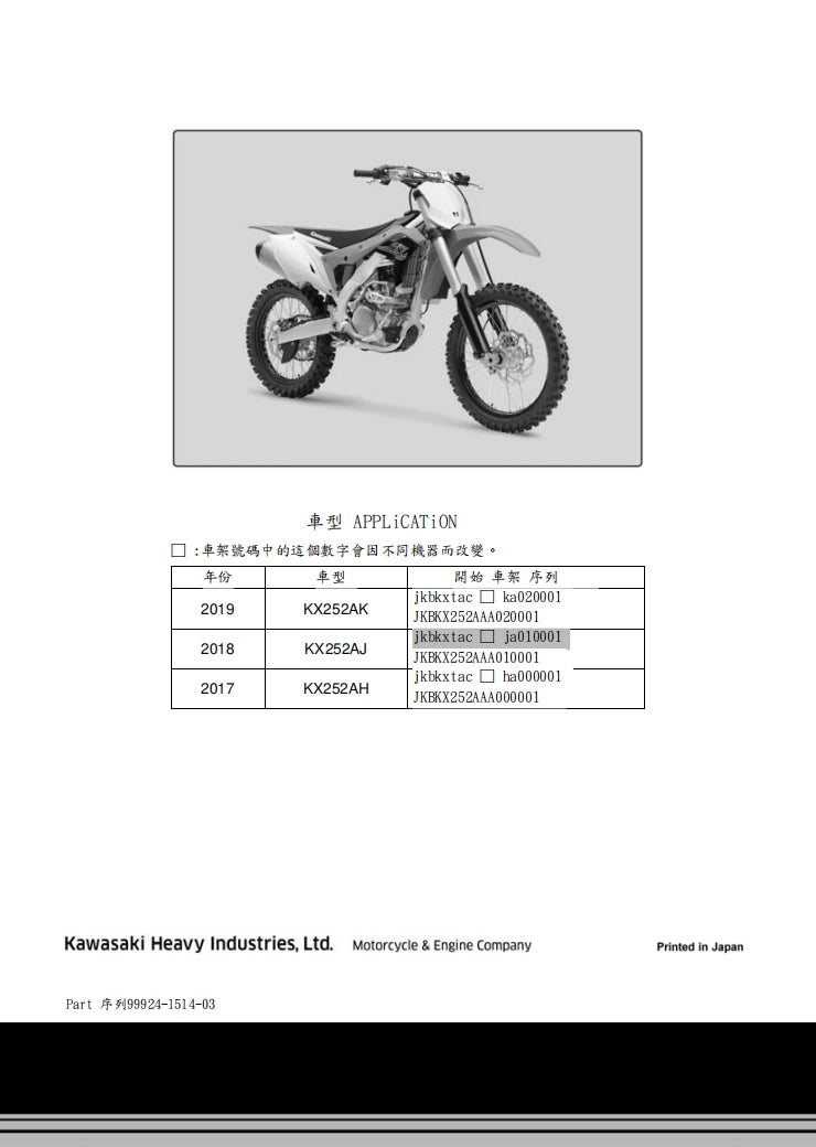 2017-2019川崎KX250維修參考資料（含英文原文與繁體譯文，含扭矩、電路、故障碼）