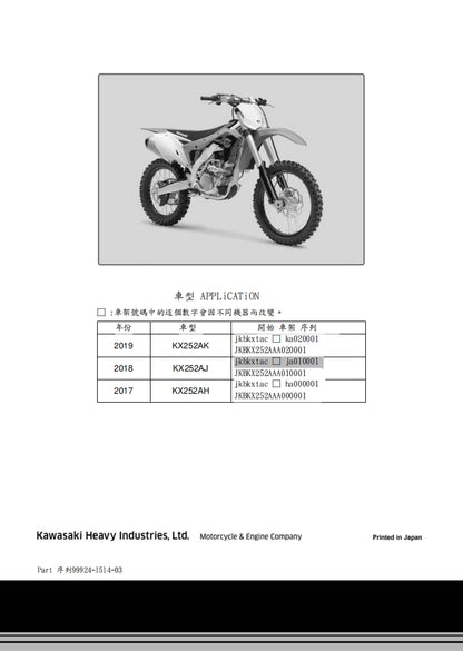 2017-2019川崎KX250維修參考資料（含英文原文與繁體譯文，含扭矩、電路、故障碼）