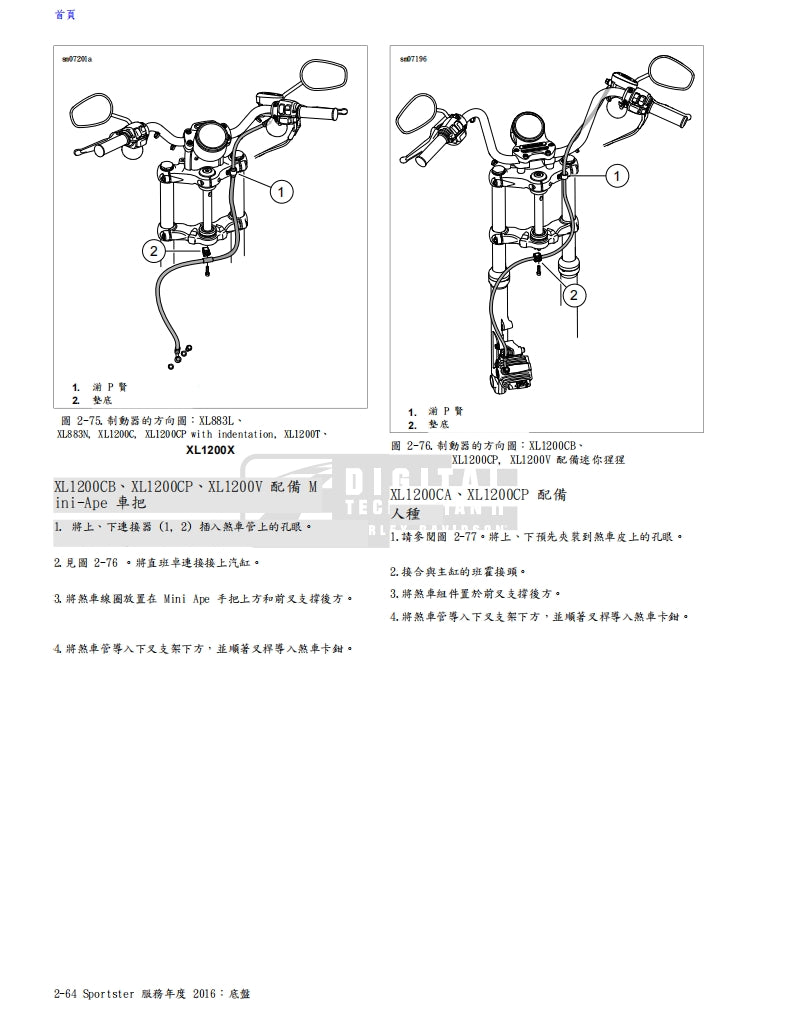 適用於2016哈雷sportster運動者維修參考資料（含英文原文與繁體譯文，含扭矩、電路、故障碼）