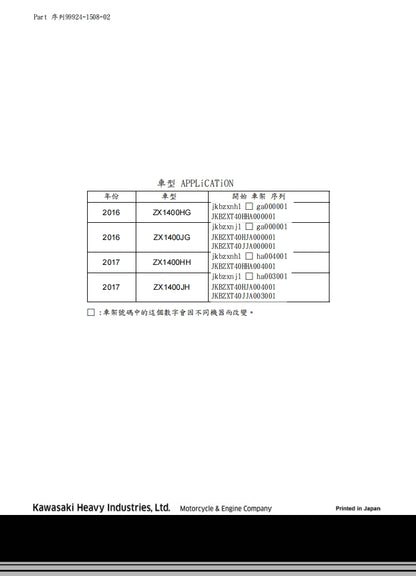 2016年川崎zx-14r維修參考資料（含英文原文與繁體譯文，含扭矩、電路、故障碼）